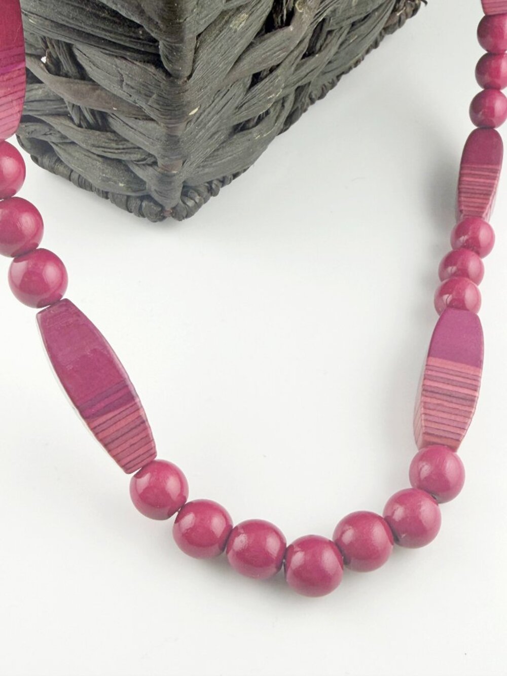 Vibrant Magenta Pink Wood Bead Necklace - 29” Long - Boho Statement - Picture 2 of 7